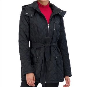 Sebby black quilted zipper hood belted jacket NWT